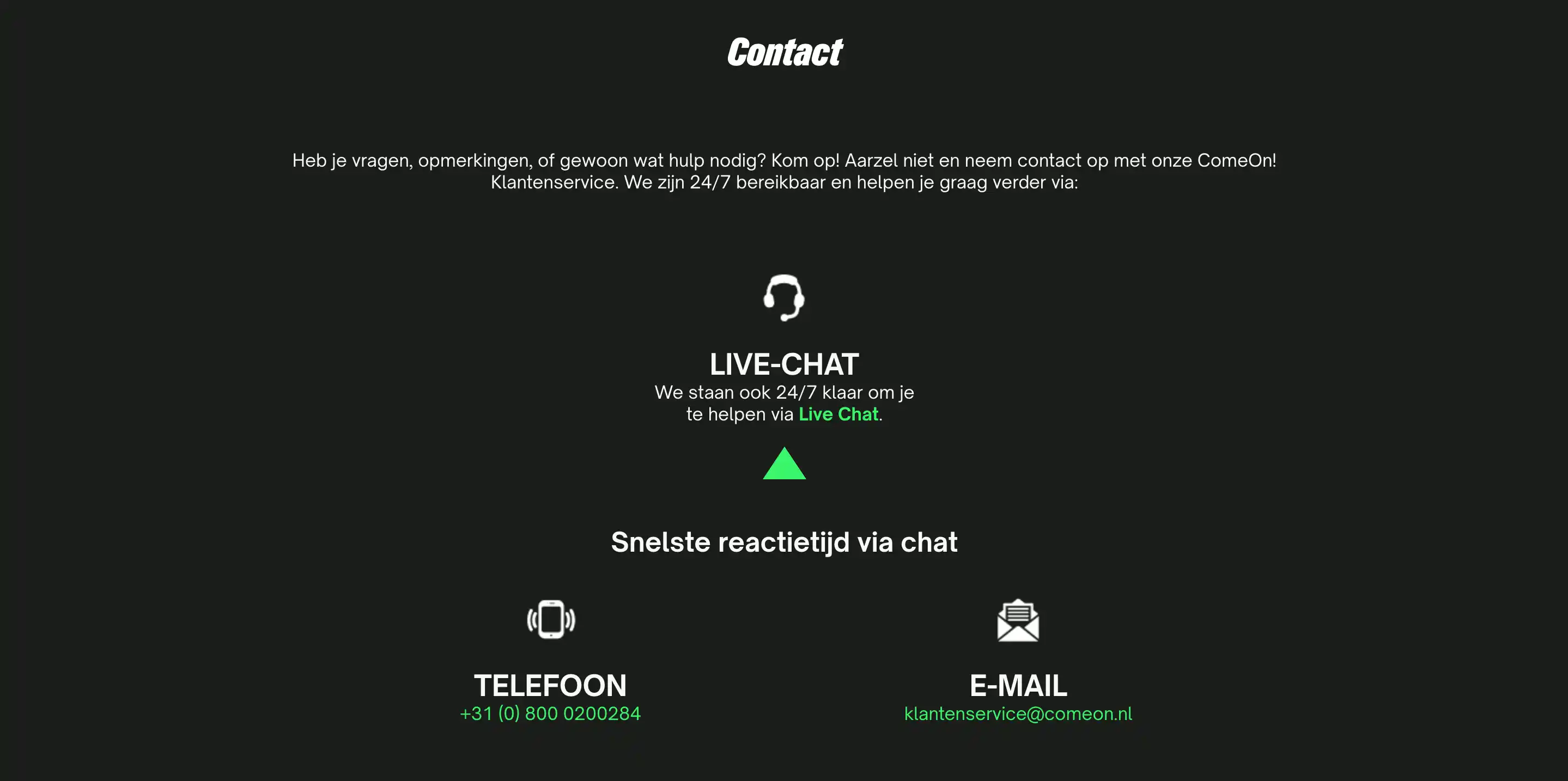 ComeOn klantenservice live chat ondersteuning