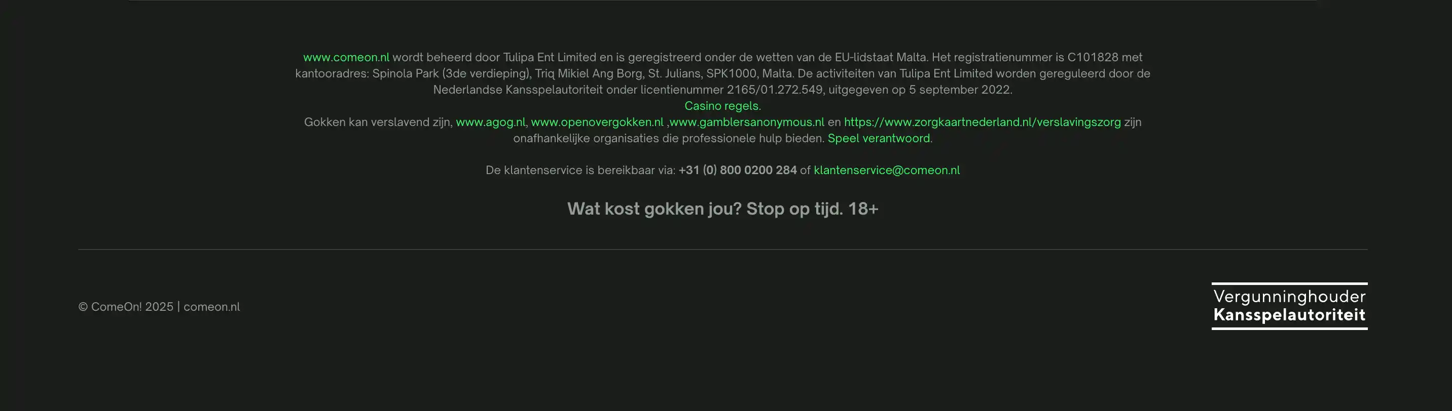 ComeOn Casino vergunning Kansspelautoriteit